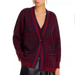 AQUA Bloomingdale’s Buffalo Check Cardigan Chic Parisian V-Neck NWT Crystal Butt